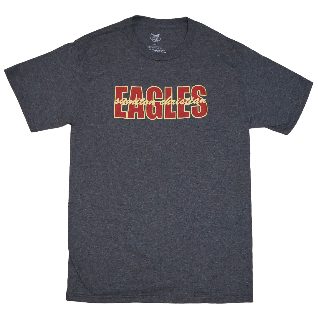 Gray t-shirt with 'EAGLES' printed in red and yellow on a white background