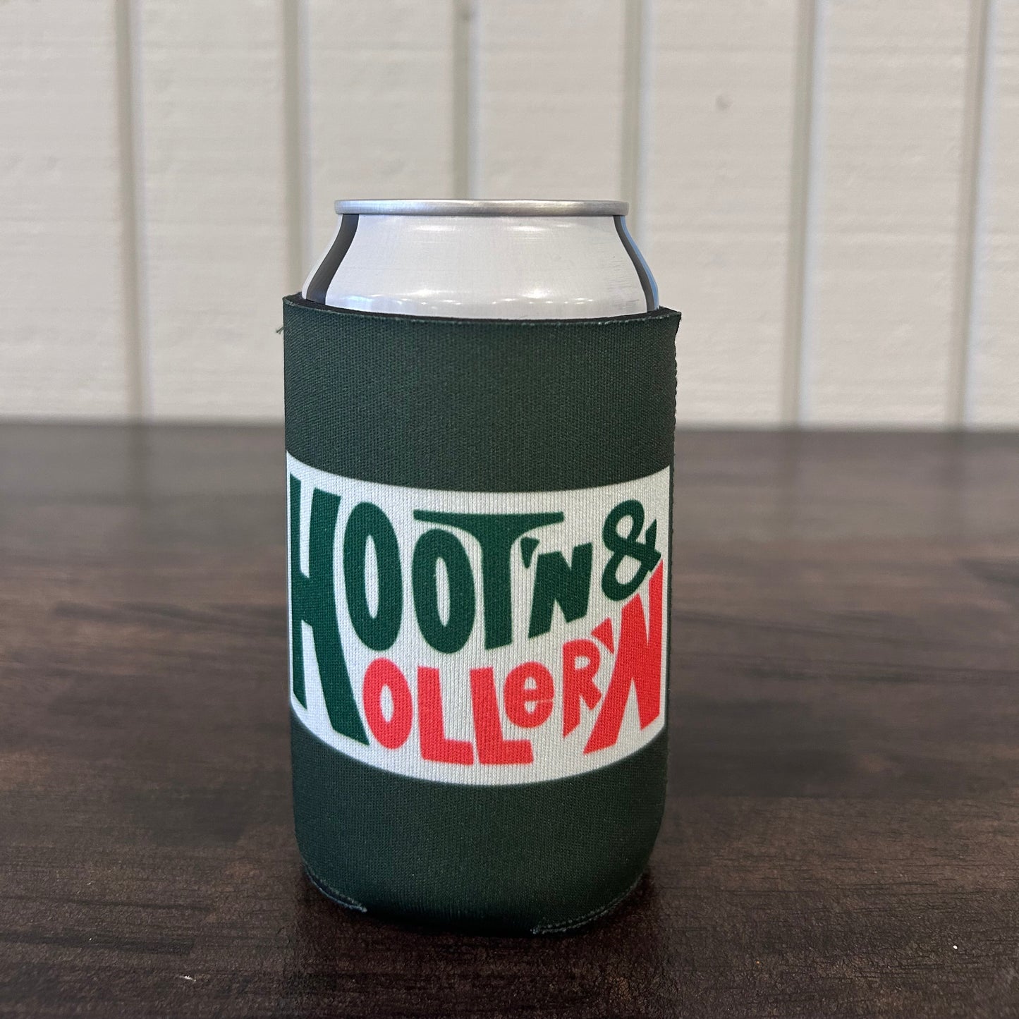 Green Can Cooler featuring a parody version of the Hoot'n and Holler'n logo in green and red