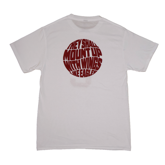 White t-shirt with red circular design and text on a white background