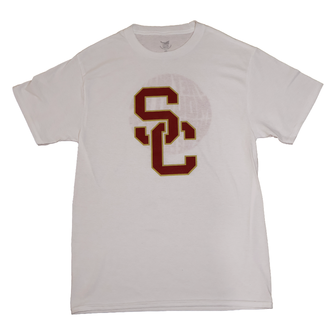 White t-shirt with SCS logo on a white background