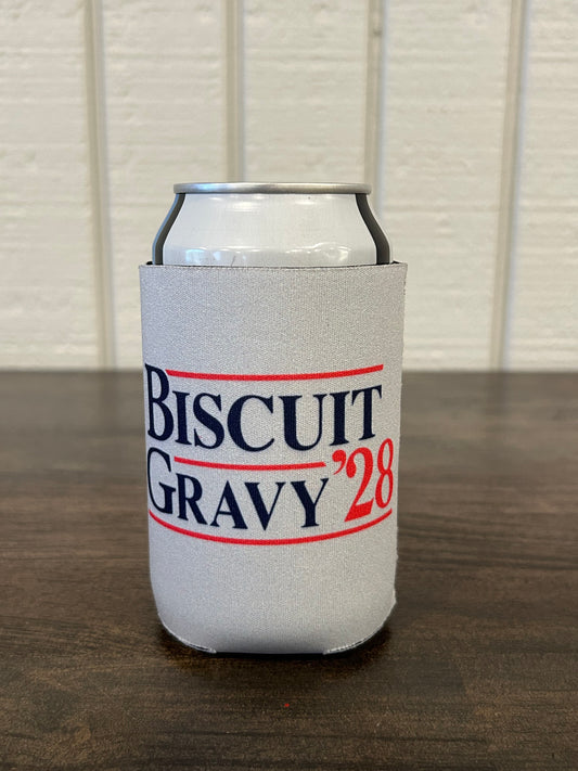 Grey can cooler with blue and red text in campaign parody with the words Biscuit Gravy '28