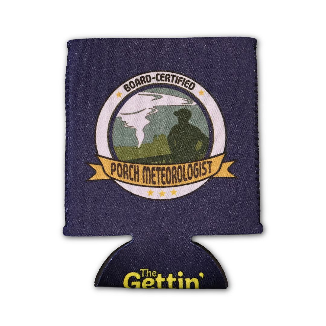 Navy can cooler with a graphic of a man watching a tornado in the distance, with the text "BOARD-CERTIFIED PORCH METEOROLOGIST"