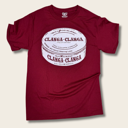 A maroon short-sleeve crewneck t-shirt featuring a large white circular graphic on the chest with the text 'CLANGA-CLANGA' and 'BULLSEED BLEND'.