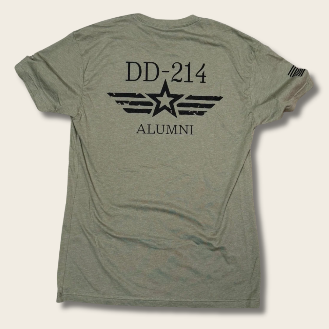 An olive green heather t-shirt showing the back, which features a black graphic print of a star with wings, the text 'DD-214' above, and 'ALUMNI' below.