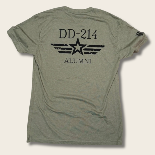 An olive green heather t-shirt showing the back, which features a black graphic print of a star with wings, the text 'DD-214' above, and 'ALUMNI' below.