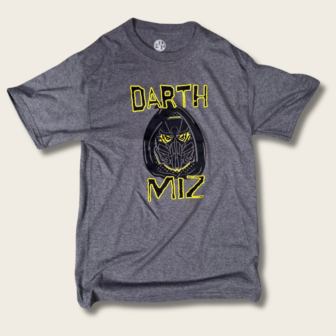 A heather gray short-sleeve t-shirt with a graphic print of Darth Maul's helmet in black and yellow, with the text 'DARTH MIZ' in yellow above and below it, displayed on a light beige background.