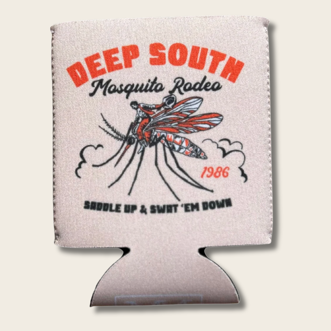 A fabric can cooler sleeve featuring a vintage-style mosquito rodeo graphic with the text 'DEEP SOUTH Mosquito Rodeo', '1986', and 'SADDLE UP & SWAT 'EM DOWN' on a light beige background.