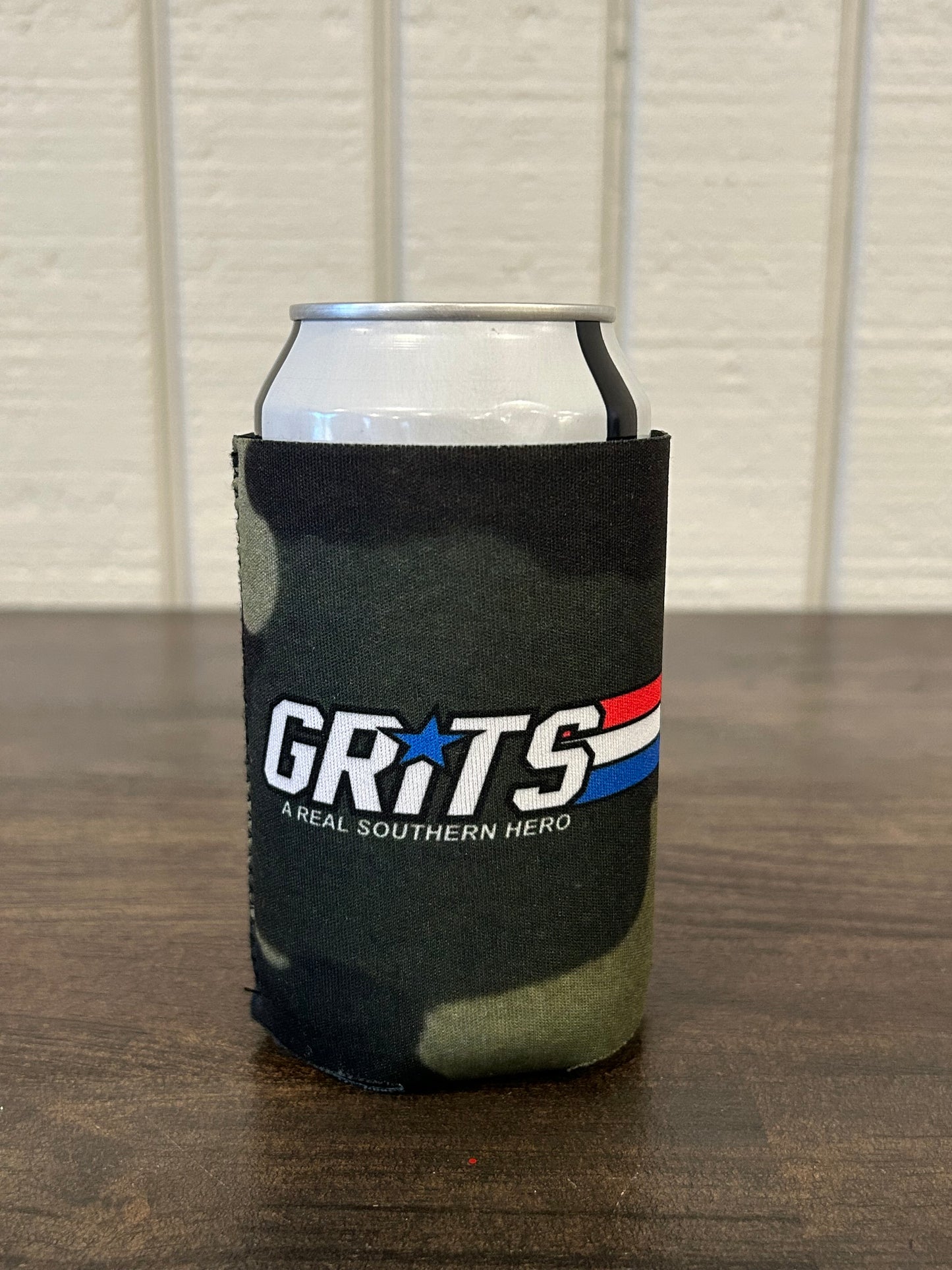 Camouflage can cooler with the words GRITS A Real Southern Hero