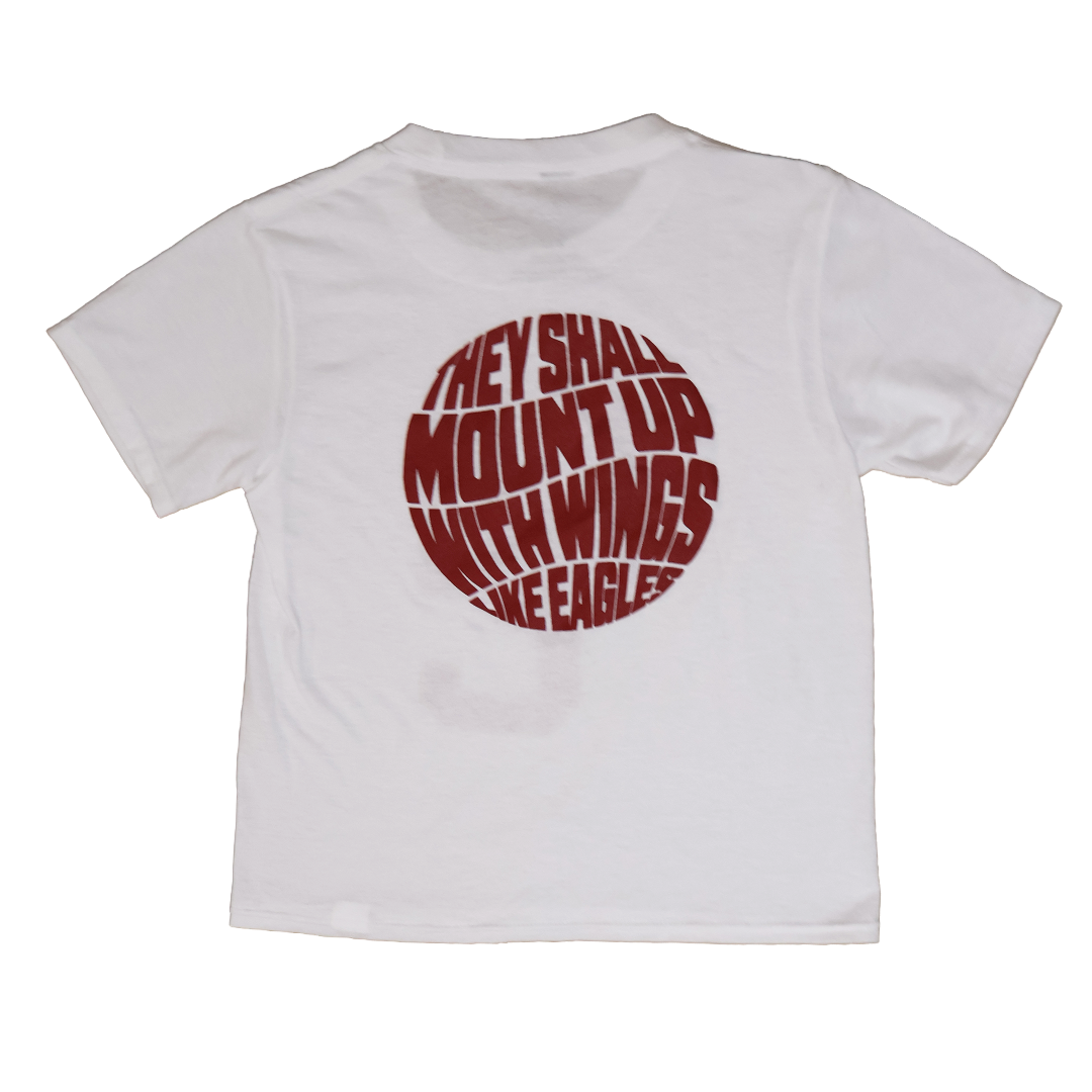 White t-shirt with red circular bible verse text design on a white background