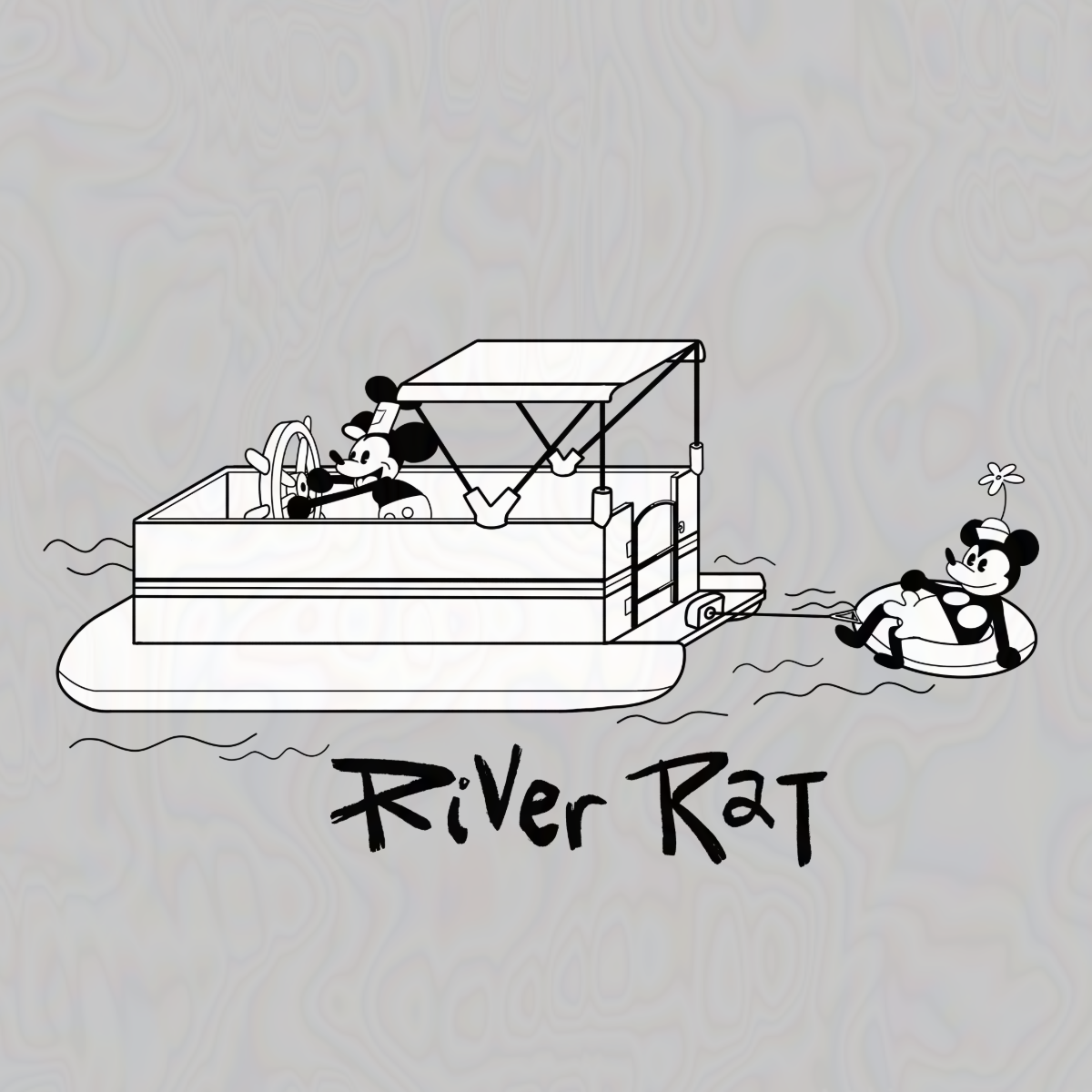 Cartoon illustration of a pontoon with a character and a person on an inner tube, labeled 'River Rat' on a light gray background. 