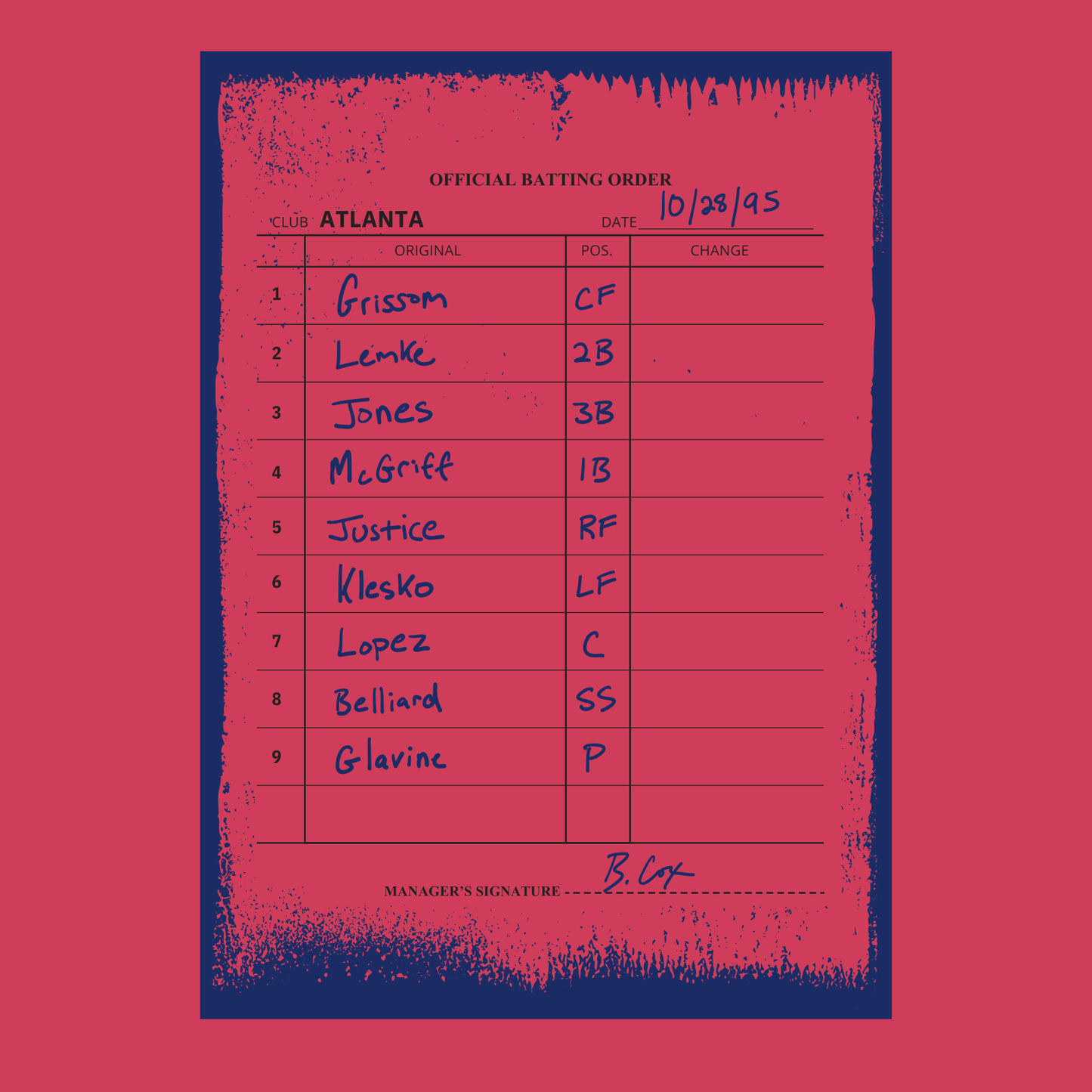 Close-up of vintage Atlanta baseball 1995 lineup card graphic design with handwritten player positions on red background