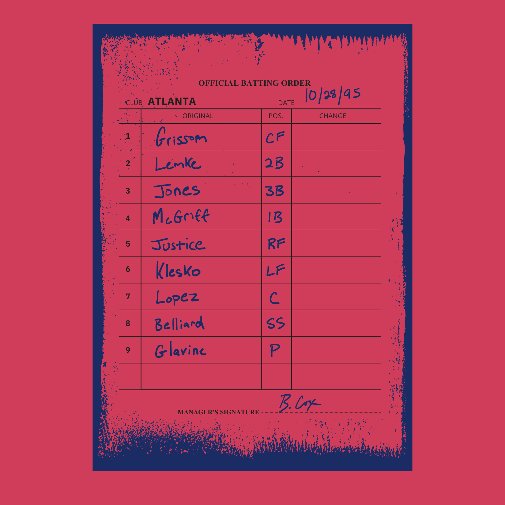 Close-up of vintage Atlanta baseball 1995 lineup card graphic design with handwritten player positions on red background