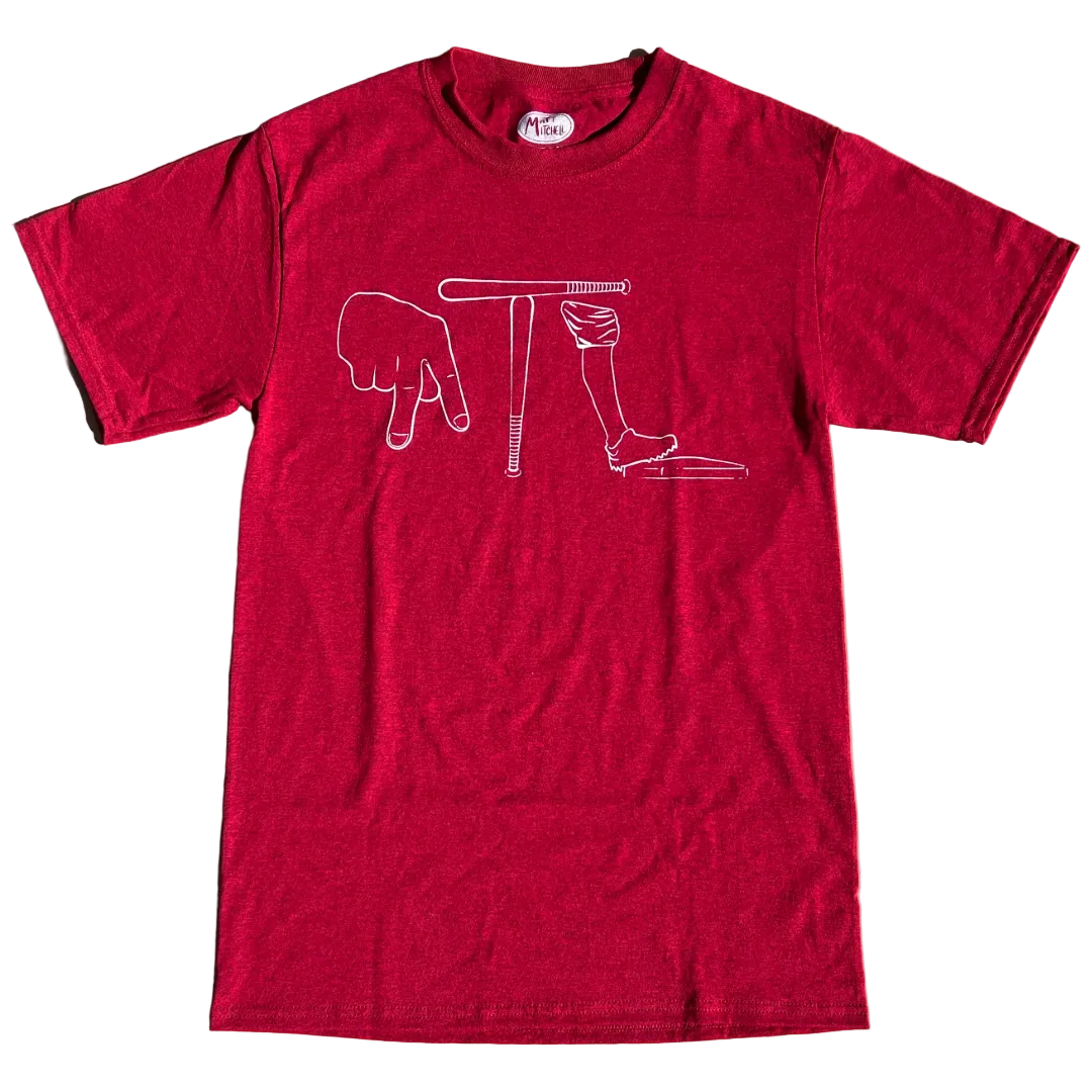 Red southern baseball humor tshirt with Atlanta baseball graphic, laid flat on white background