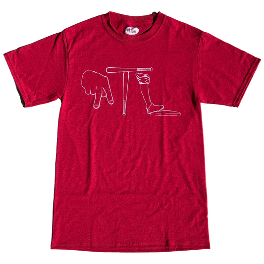 Red southern baseball humor tshirt with Atlanta baseball graphic, laid flat on white background