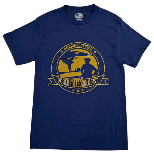Navy blue funny southern t-shirt with "Porch Meteorologist" tornado weather design on front